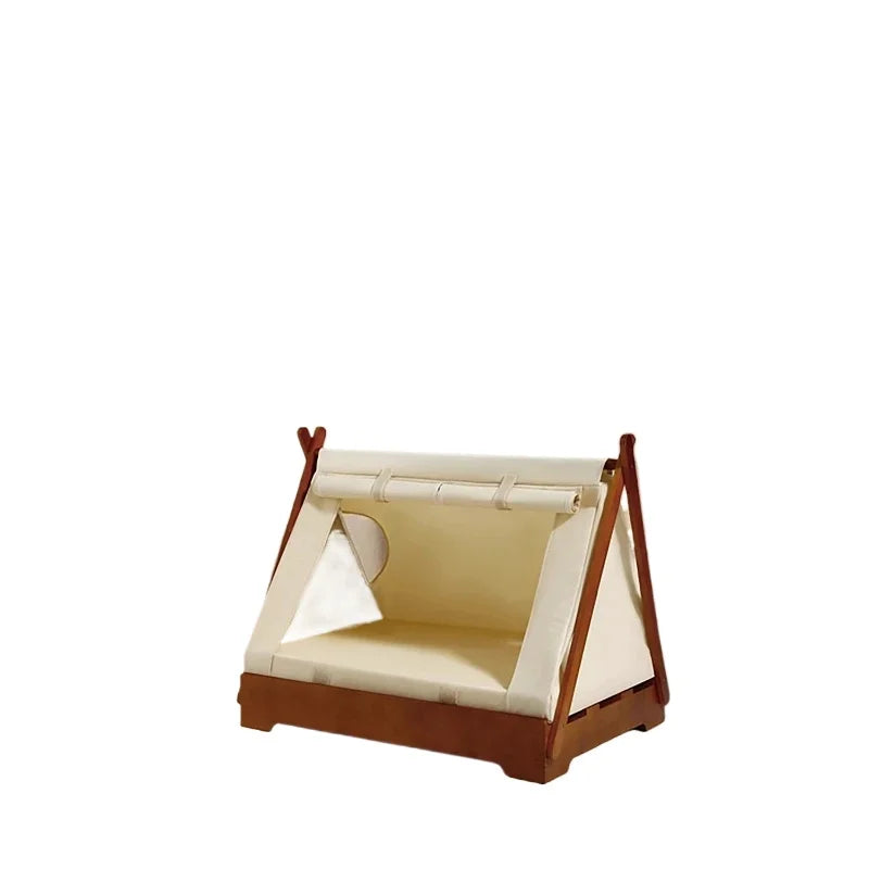 Wooden Pet Tent House - Washable Dog Bed for Small Dogs, Cat House with Removable Cover, Cozy Pet Tent for Indoor/Outdoor Use