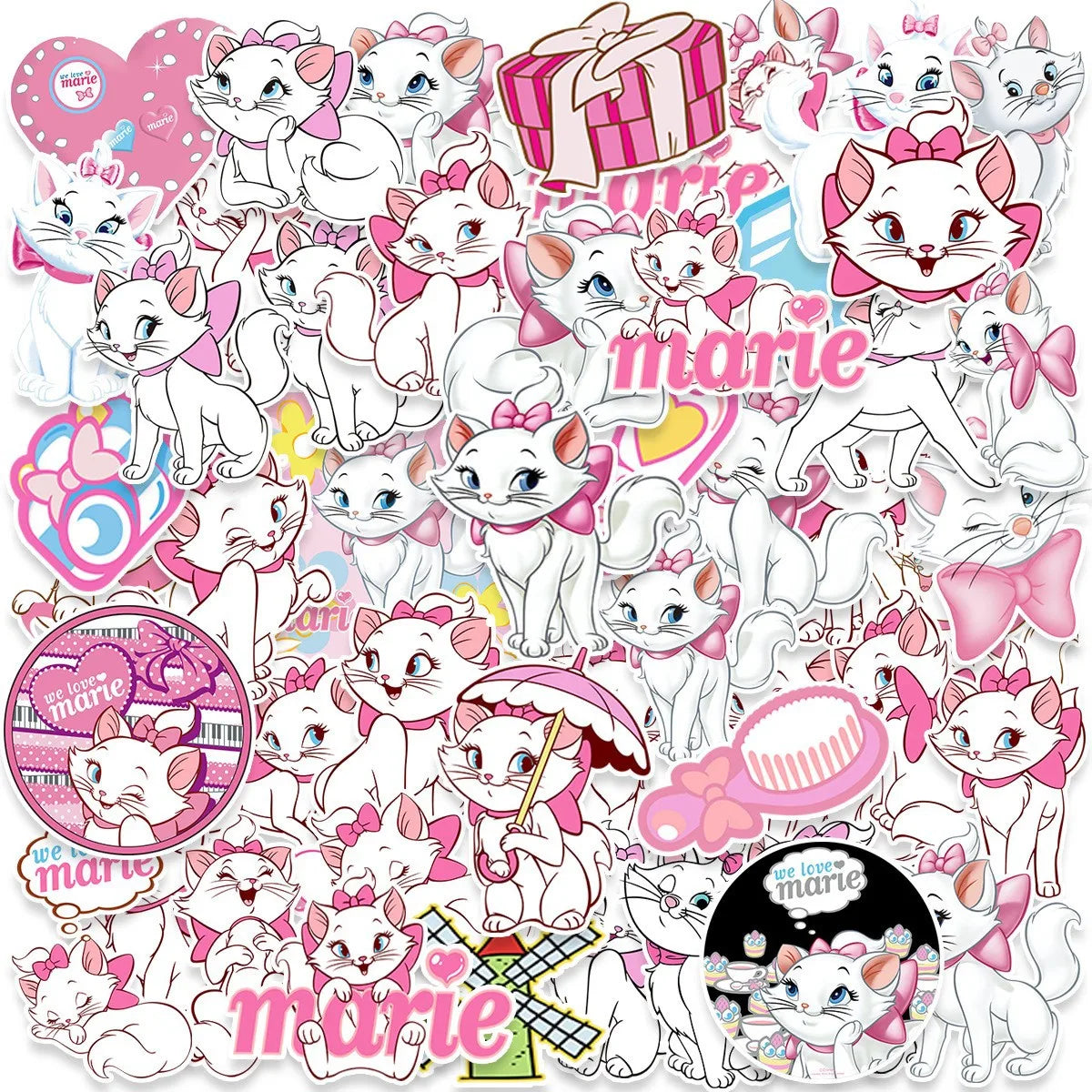 50pcs Disney The Aristocats Marie Cat Stickers Cute Cartoon Anime Sticker Phone Water Bottel Diary Kawaii Girls Decals Toy