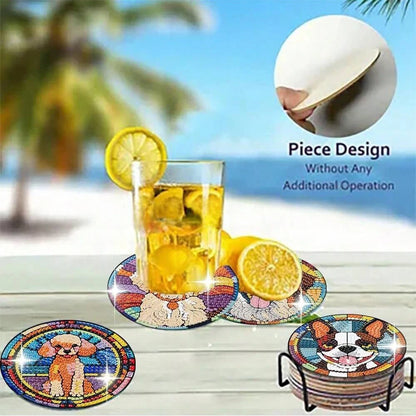 8pcs Dog Themed Diamond Painting Coaster Kits, DIY Craft Stained Glass Style Round Diamond Art Coasters