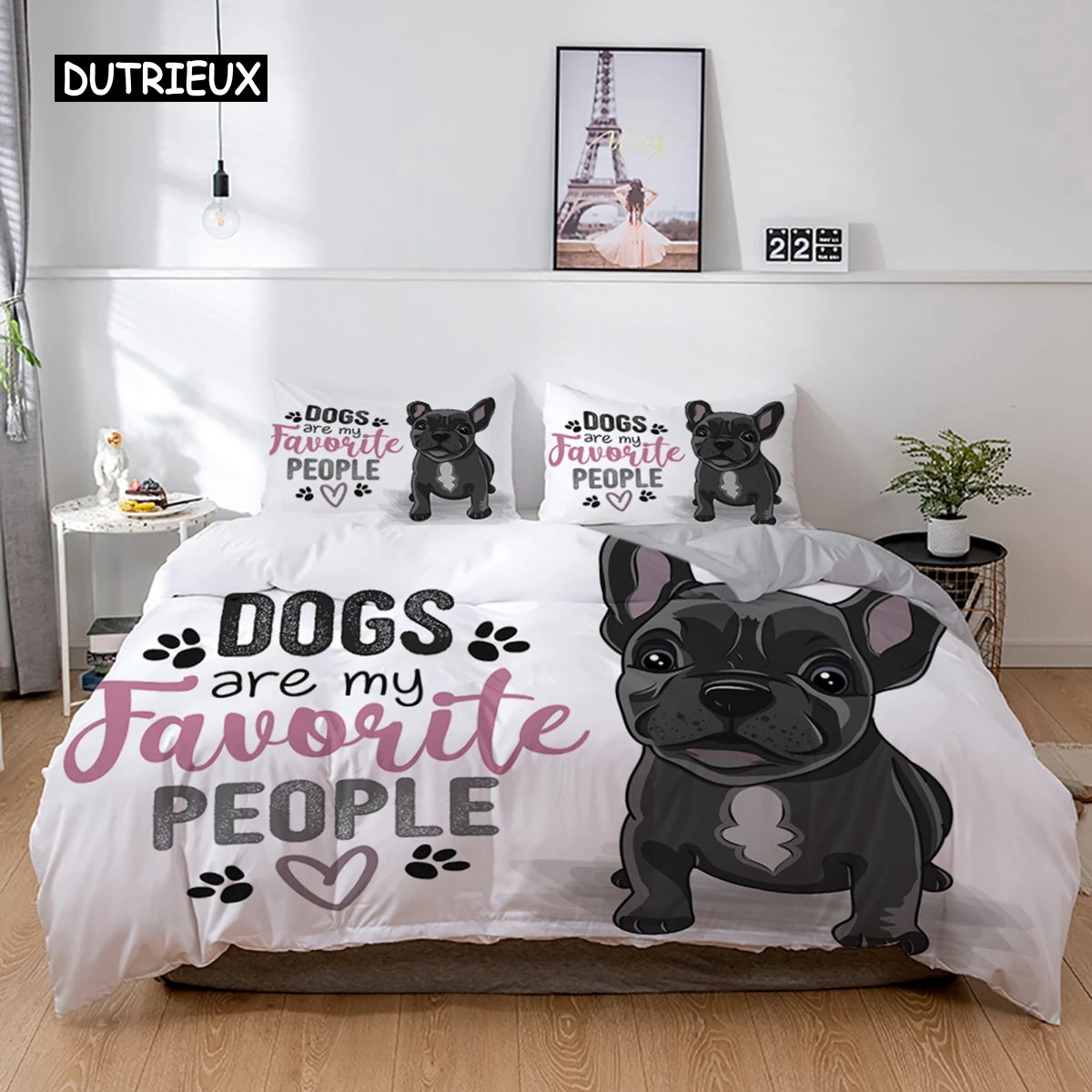 the PRINTED PET DUVET - 3D Dog Bedding Set, Cute French Bulldog Puppy Duvet Cover Sets, Cartoon Bed Cover, Pet Animals Home Textiles, Queen 2/3Pcs King Full
