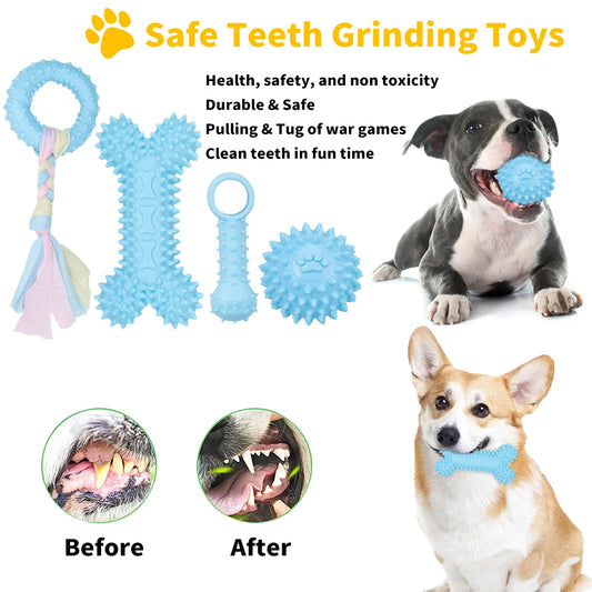 PuppyPlay Pack™ | 5-Piece Plush Teething Dog Toy Set | Dog Paw Clothing