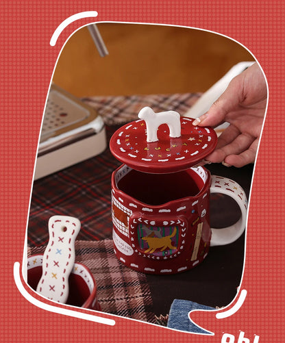 Cartoon Cute Ceramic Mug Dog Red Cup Lid Creative Christmas Water Cup Kitchen Accessories Coffee Cup Dust Cover Holiday Gift