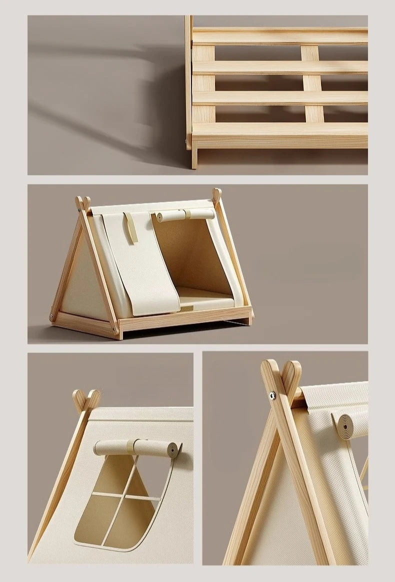 Indoor Dog Tent Pine Wood Dogs Tents Beds Cushion Removable Breathable Dog House Closed Moisture-proof Pet Cat Double Door Tent