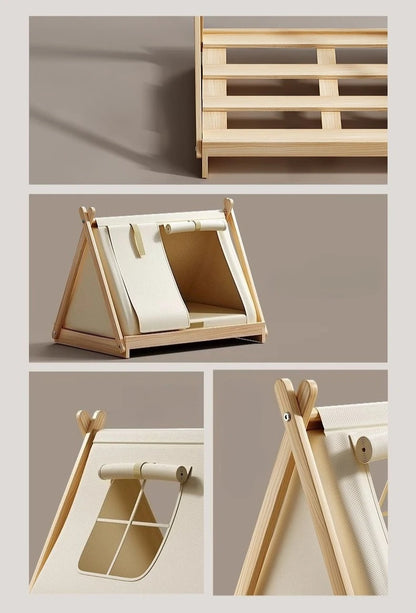 Indoor Dog Tent Pine Wood Dogs Tents Beds Cushion Removable Breathable Dog House Closed Moisture-proof Pet Cat Double Door Tent