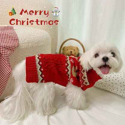 Christmas Dog Sweater with Reindeer Pattern, Red Green High Neck Pullover for Dogs Cats, Warm Winter Puppy Clothes Holiday Wear