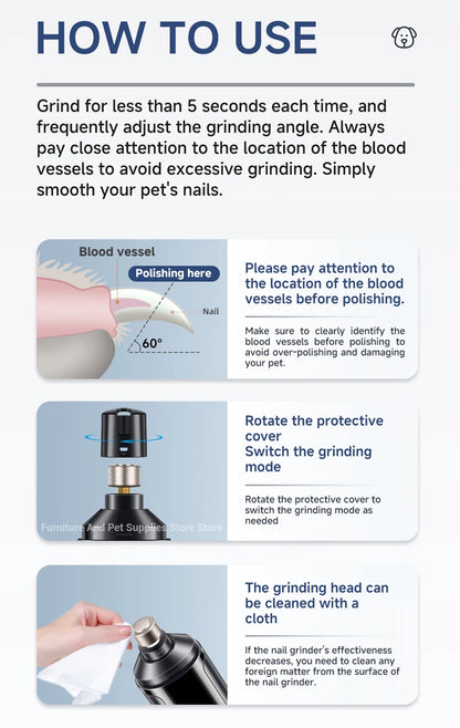 Electric Dog Nail Grinder Pet Nail Clipper USB Rechargeable Pet Nail Trimmers Painless with Polisher Wheel for Small/Large Pets
