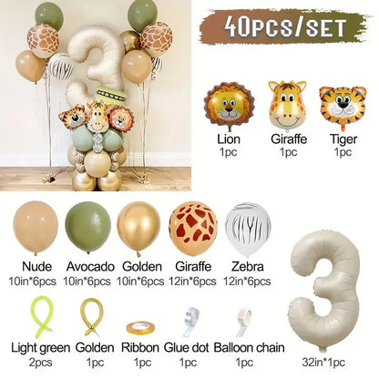 40 Pieces Jungle Retro Animal Balloons for Kids Birthday Number 12345 Gender Reveal Party Decoration Set Digital Birthday Ball