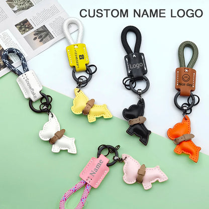 Handmade leather lanyard keychain creative method fighting dog puppies custom text logo bag pendant high-end car keyring gift