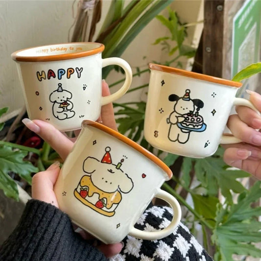 1Pcs Ins Cute Happy Bear Ceramic Mug Kawaii White Puppy Cartoon Coffee Mug Fashion Vintage Afternoon Tea Cup Pair Couple Gift
