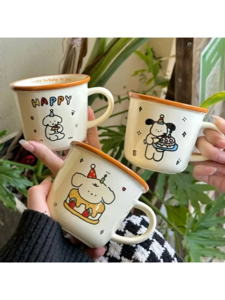 1Pcs Ins Cute Happy Bear Ceramic Mug Kawaii White Puppy Cartoon Coffee Mug Fashion Vintage Afternoon Tea Cup Pair Couple Gift