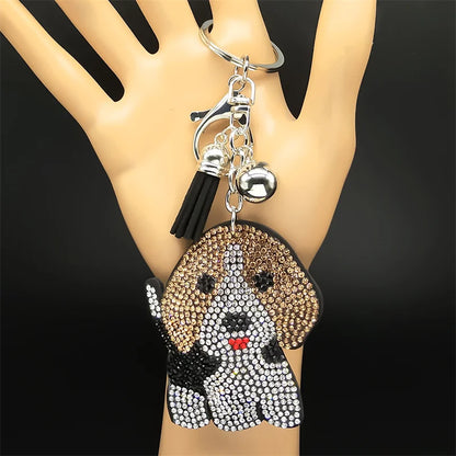 Lovely Beagle Doggie Keyholder For Women Men Full Crystal Blingbling Tassel Animal Bag Hanging Dog Pup Cute Keyring Jewelry