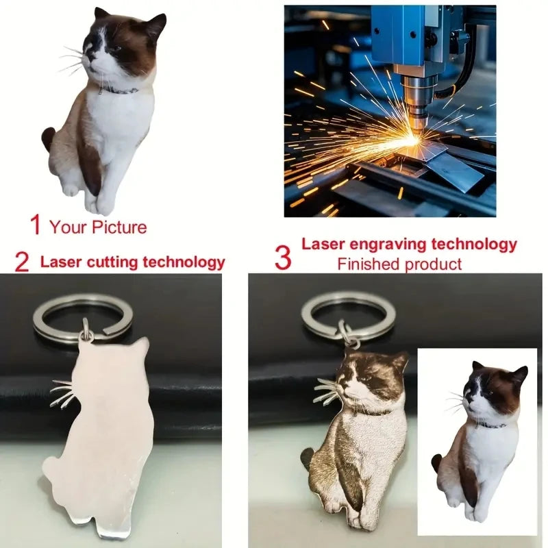 Custom Pet Portrait Keychain Engraved Cat & Dog Photos Portrait, Cute Animal Design,Customize Perfect Gift for Pet Lovers