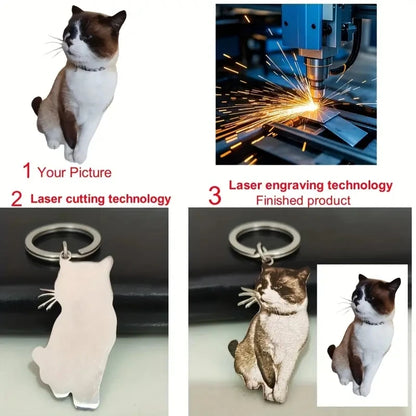 Custom Pet Portrait Keychain Engraved Cat & Dog Photos Portrait, Cute Animal Design,Customize Perfect Gift for Pet Lovers