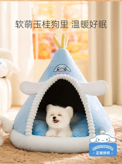 Kawaii Sanrio Cinnamoroll Dog Beds Cute Cat Mats Kennel Winter Warm Enclosed Safe House Removable Washable Sleeping Mat