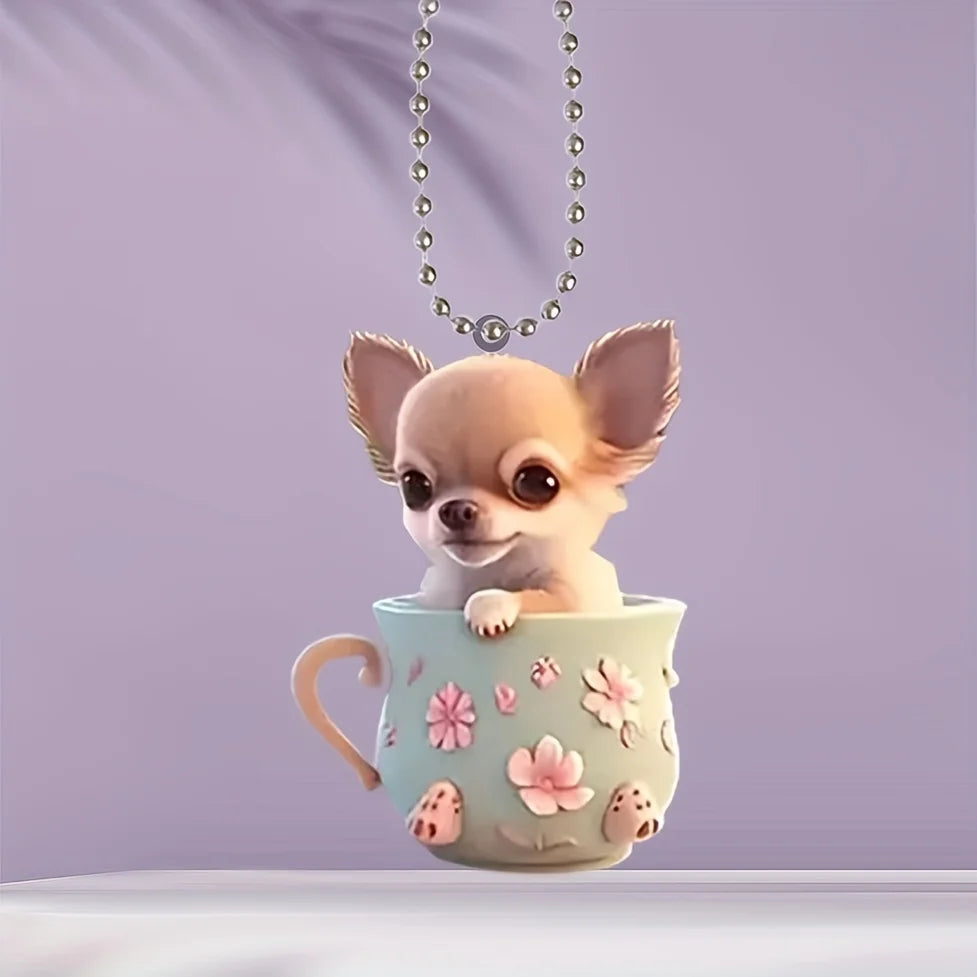 2D Chic Chihuahua Keychain Puppy in Tea Cup Pendant Ornament Acrylic Charm For Christmas ,Backpack,Bag,Home,Festive,Gift&Decor