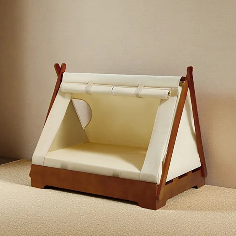 Wooden Pet Tent House - Washable Dog Bed for Small Dogs, Cat House with Removable Cover, Cozy Pet Tent for Indoor/Outdoor Use
