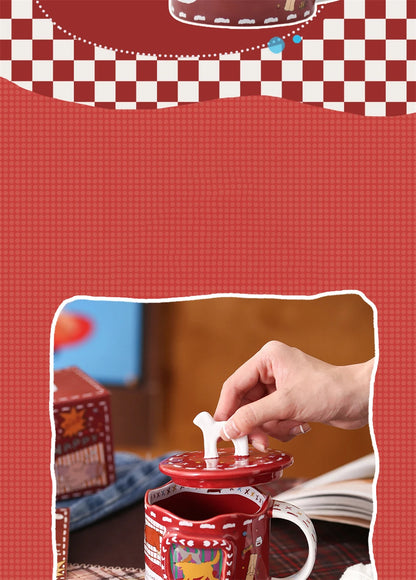 Cartoon Cute Ceramic Mug Dog Red Cup Lid Creative Christmas Water Cup Kitchen Accessories Coffee Cup Dust Cover Holiday Gift