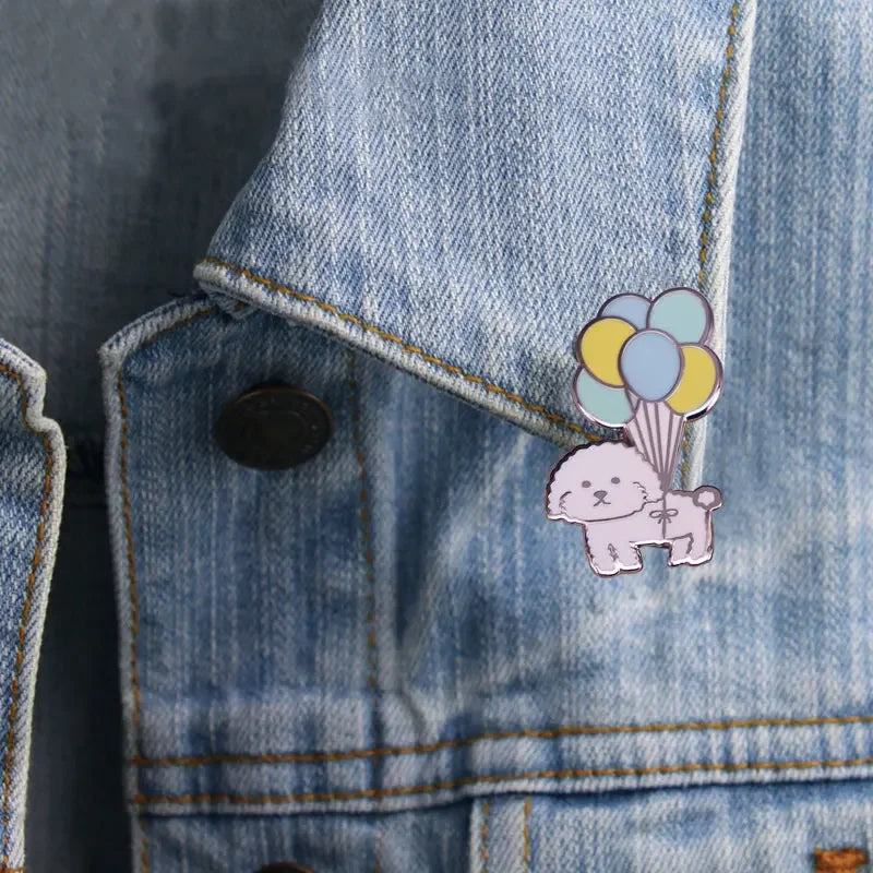 Vivi Dog with Balloons Enamel Pin Mini Puppy Bichon Frise Cute Dog Pet Brooch Badge