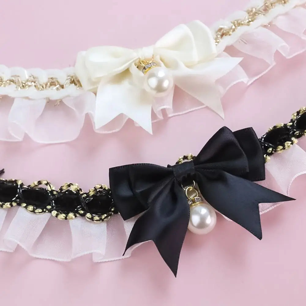 the PEARL COLLAR - Cute Dog Collar, Lace Bowknot Pearl Cat/Dog Necklace, Sweet Neck Decoration, Elegant Gentle Puppy Necktie, Kitten Bibs, Pet Supplies