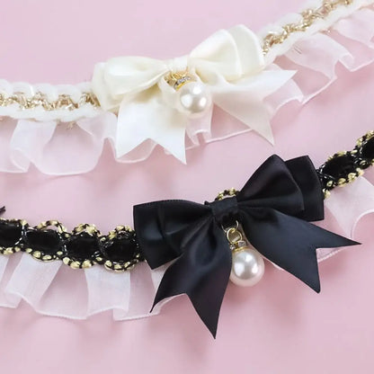 the PEARL COLLAR - Cute Dog Collar, Lace Bowknot Pearl Cat/Dog Necklace, Sweet Neck Decoration, Elegant Gentle Puppy Necktie, Kitten Bibs, Pet Supplies