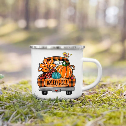 Pumpkin Leaves Dog Cat Printed Enamel Mugs Coffee Cups Fall Thanksgiving Party Wine Juice Mug Handle Cup Autumn Holiday Gifts