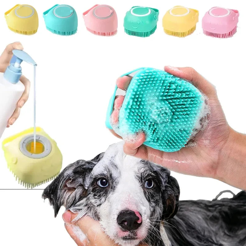 Silicone Soft Rubber Pet Massage Shower Brush with Builtin Shampoo Storage Self Cleaning Detangling for Dogs Cats Grooming Brush