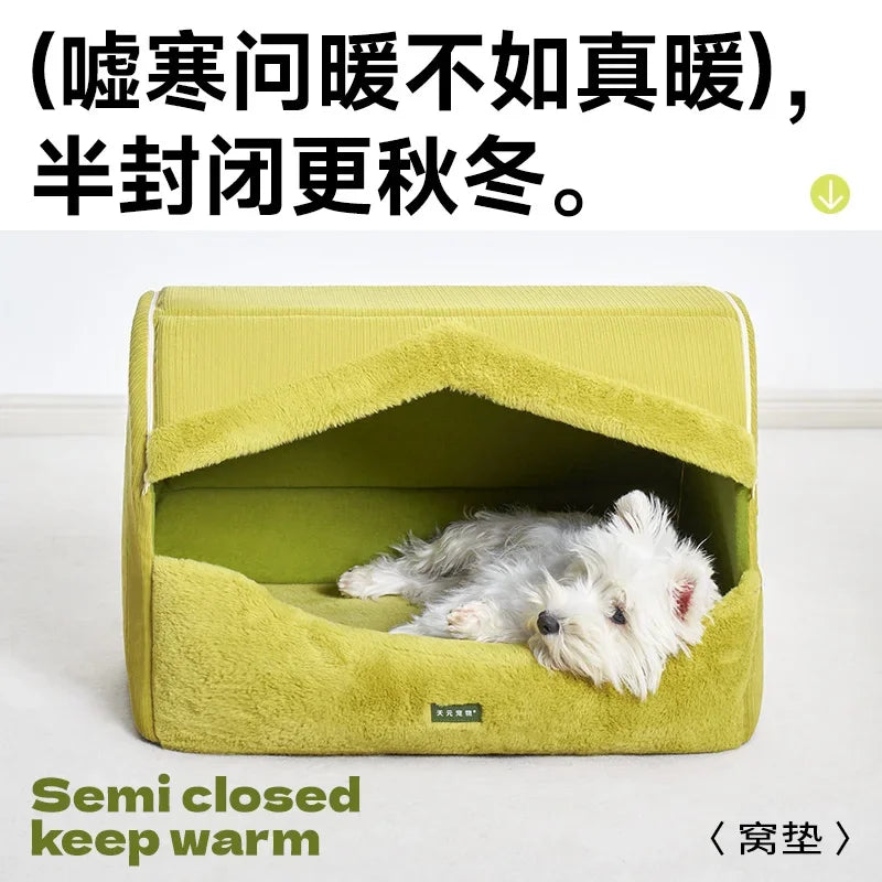 Dog Bed for Warmth in Winter, A Small Dog for A Sense of Security, and A Warm Dog House in Winter