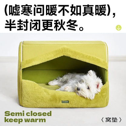 Dog Bed for Warmth in Winter, A Small Dog for A Sense of Security, and A Warm Dog House in Winter