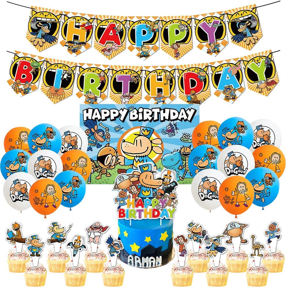Dog Man Theme Party Cute Cartoon Animals Pet Happy Birthday Party Decor Set Latex Balloon Paw Dogman Cake Topper Banner Flag Toy