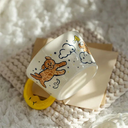 300ml Creative Cartoon Ladybug Dog Pattern Coffee Cup with Moon Handle Ceramic Mug Breakfast Milk Cups for Kids Birthday Gift