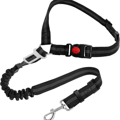 the DOGGY SEAT BELT - Dog Seat Belt Harness for Car, Restraint Adjustable with Elastic Bungee Buffer Headrest for Vehicle, 360° Swivel Carabiner Nylon