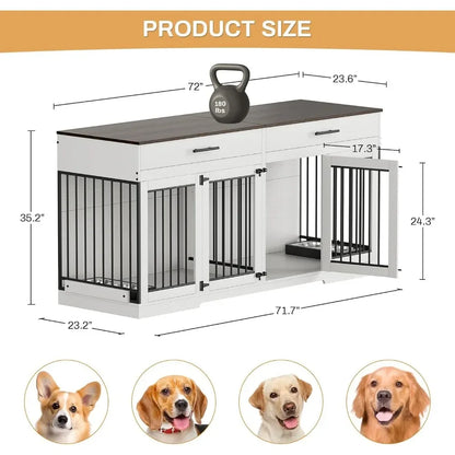 Dog Crate Furniture, 72.05 Inch Wooden Large Dogs Kennel with 2 Drawers & Dogs Bowls, Dog Cage  with Double Doorss & Divider