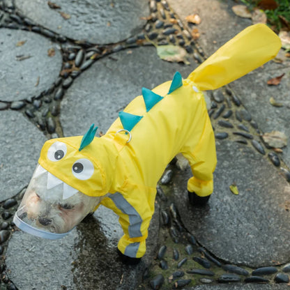 the YELLOW DINOSAUR - Small Dog Raincoat, Pet Four Foot Waterproof Full Wrap, Teddy Bichon Schnauzer Puppy Raincoat with Feet, Casual Dog Clothes