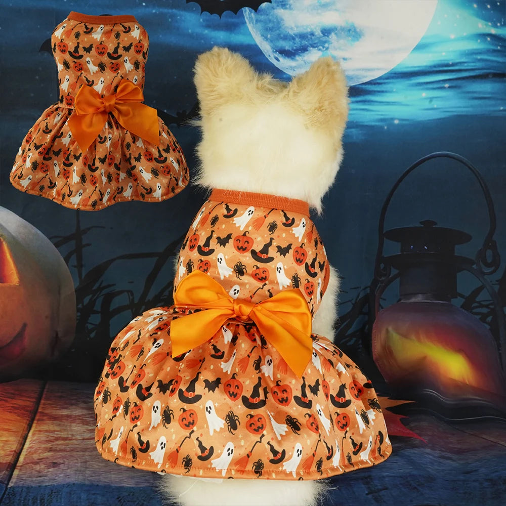 Pet Pumpkin Bat Print Dress Dog Costume Apparel Halloween Dog Clothes Festival Cosplay Puppy Clothes Funny Pumpkin Spider Hats