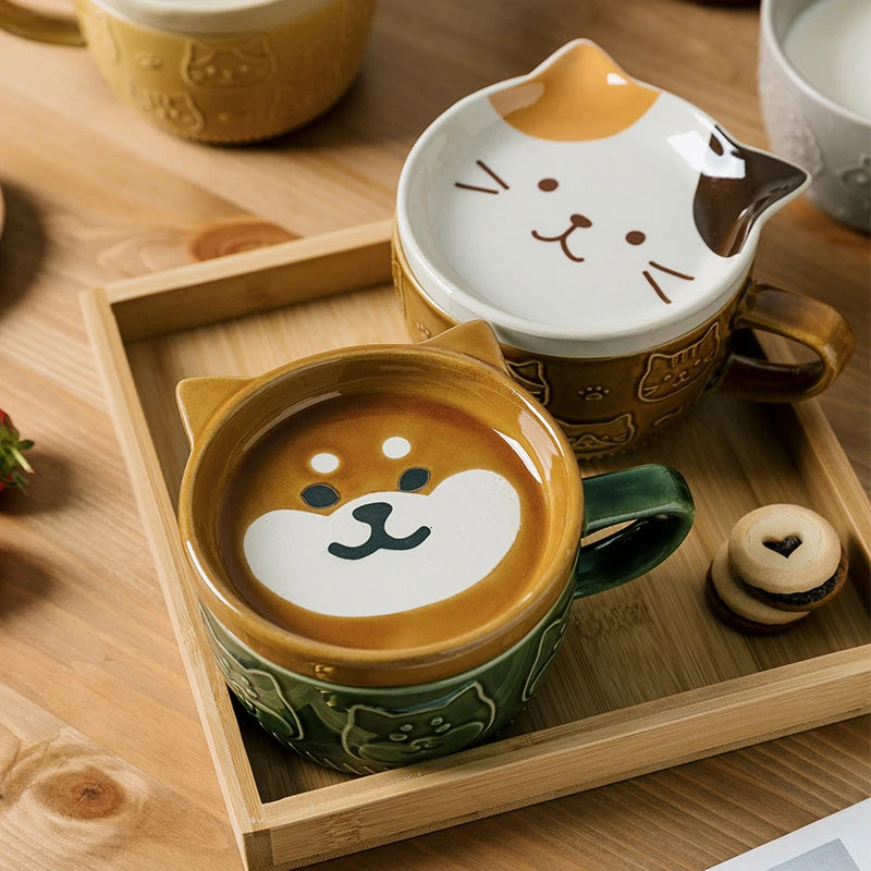Ceramic Coffee Mug With Lid Japanese Cartoon Animal Pattern Breakfast Cup Mug Milk Cup