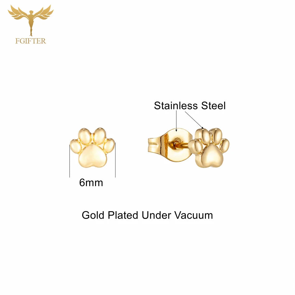 12 Pairs Women Girls Small Earrings 3D Animal Dog Bear Cat Paw Design Stud Earrings Set Golden Stainless Steel Jewelry Earrings