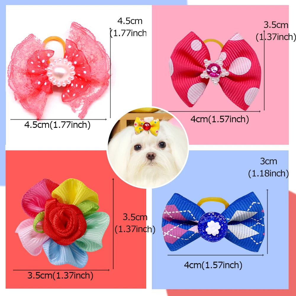 the PUPPY COUTURE BOW COLLECTION - 100PCS Cute Dog Bows with Rubber Bands, Handmade Solid Colors Multi-Style Puppy Bows, Diamonds Pet Grooming Accessories for Dogs