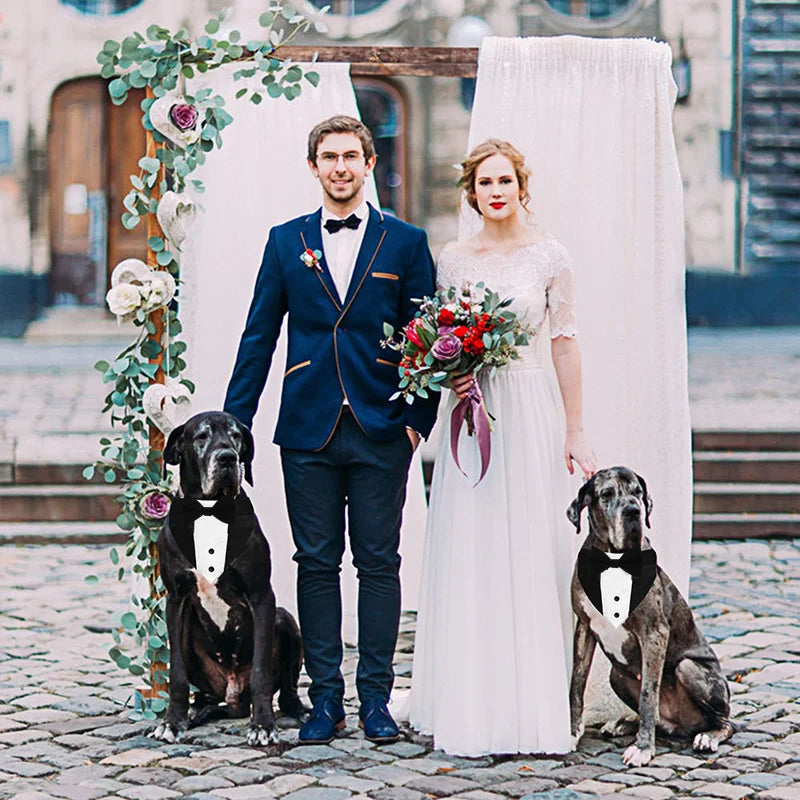 the TUXEDO DOGGY - Bow Tie Dog Collar Tuxedo Bandana, Adjustable Formal Puppy Triangle Neck Wear for Wedding/Birthday, Dress-up, Cosplay, Party