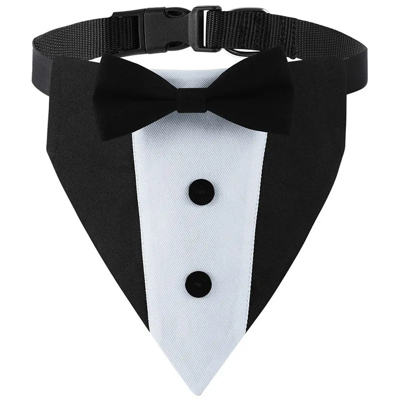 the TUXEDO DOGGY - Bow Tie Dog Collar Tuxedo Bandana, Adjustable Formal Puppy Triangle Neck Wear for Wedding/Birthday, Dress-up, Cosplay, Party
