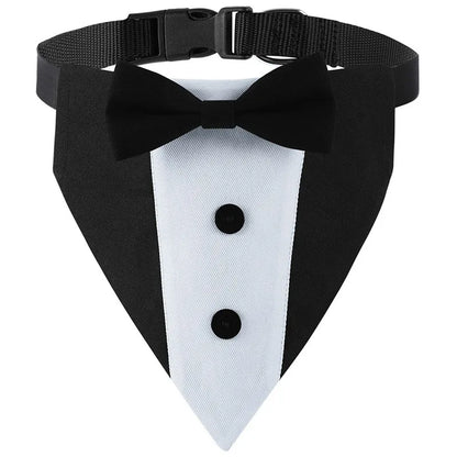 the TUXEDO DOGGY - Bow Tie Dog Collar Tuxedo Bandana, Adjustable Formal Puppy Triangle Neck Wear for Wedding/Birthday, Dress-up, Cosplay, Party