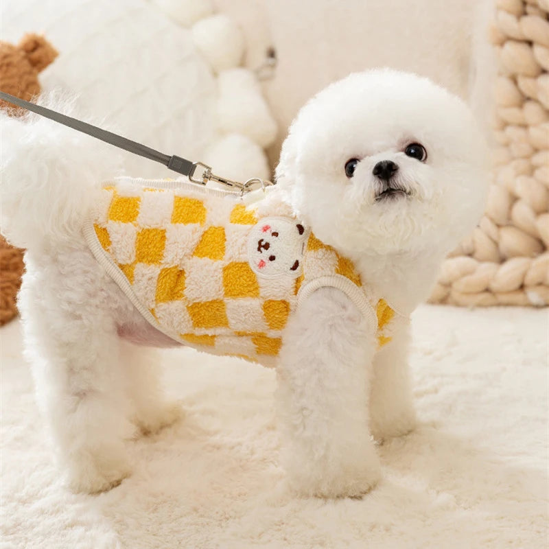 Winter Cat Dog Clothes with Buckle Sweet Bear Print Pet Plush Sweater for Small Dogs Pomeranian Chihuahua Puppy Button Jacket