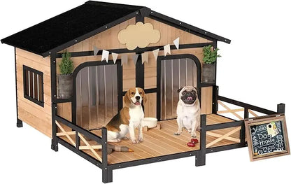 the LUXURY PET PAD - Wooden Large Doghouse Outdoor Double XL Dog Kennel with Elevated Floor and Porch, Weatherproof Puppy/Dog Shelter