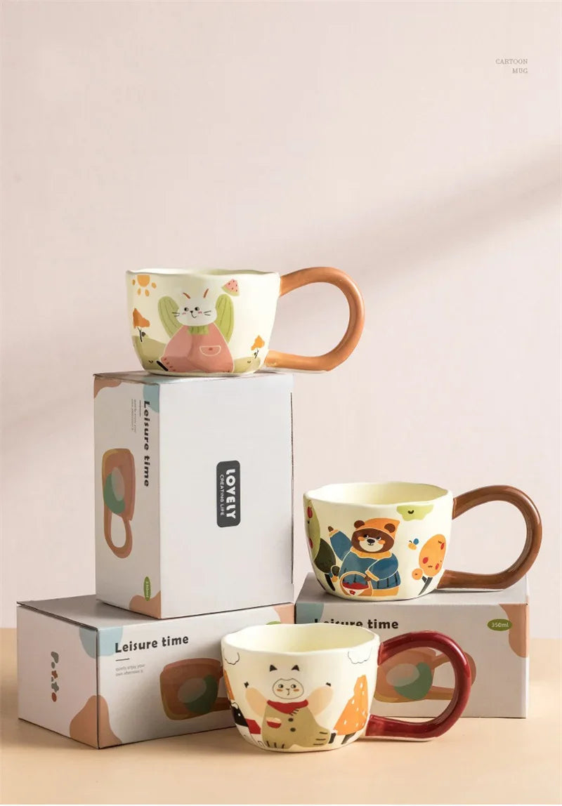 350ML Cartoon Hand Painted Bunny bear Coffee Cups Irregular Ceramic Mug Large Handle Home Office Milk Water Cup Kid's Gifts