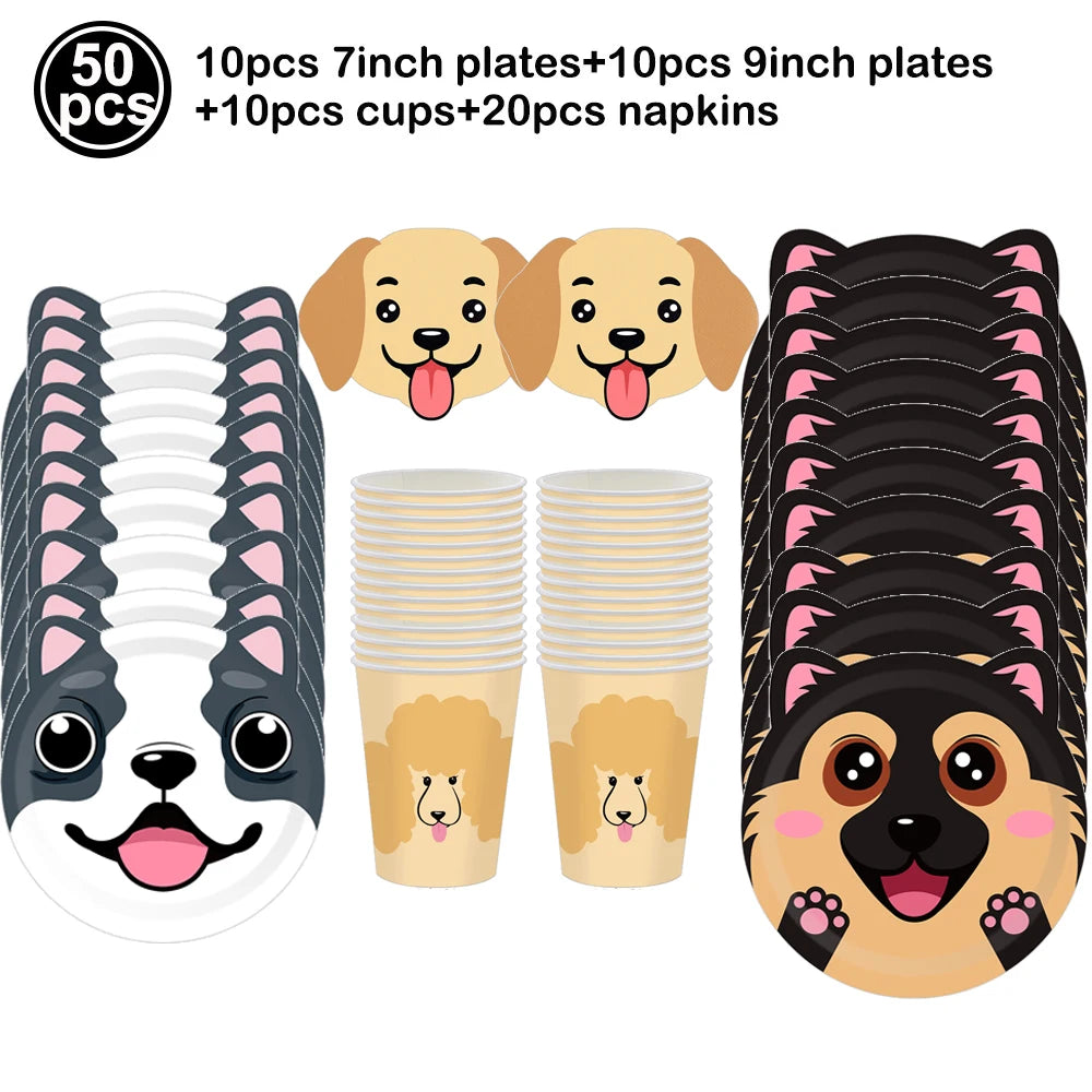 Dog Birthday Party Supplies Tableware Set Dog Plates Napkins Tablecloth Banner Balloon Kids Decor Puppy Theme Party Supplies