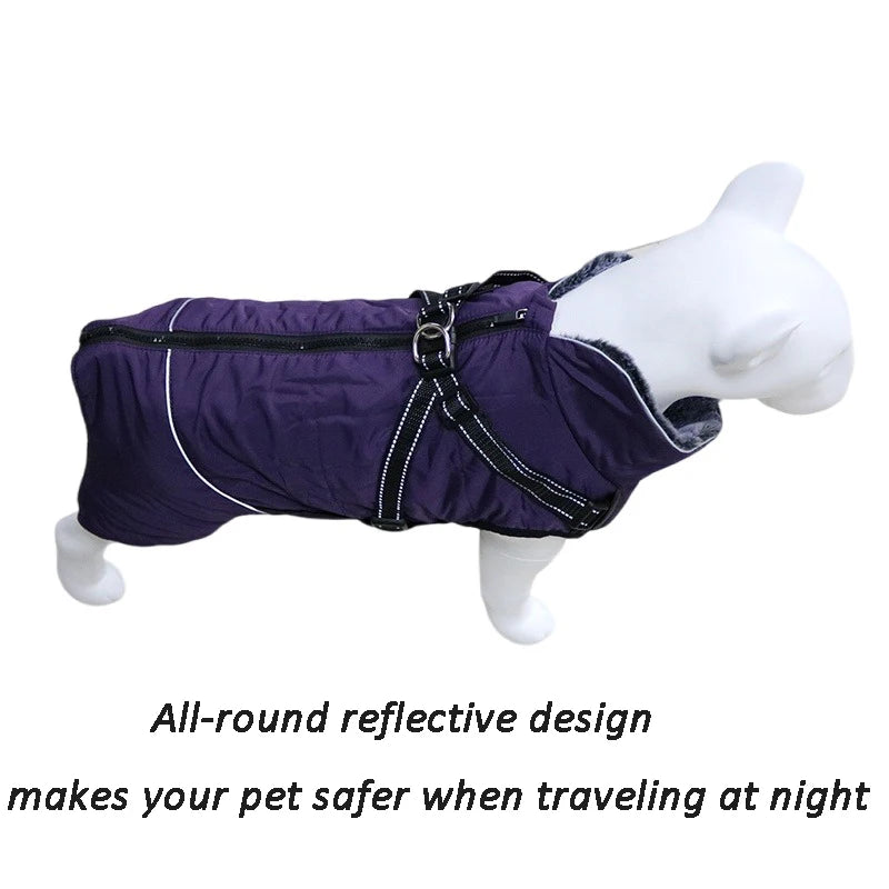 Waterproof Dog Clothes with Harness for Medium Large Dog Winter Warm Fur Collar Pet Dog Jacket Reflective French Bulldog Costume