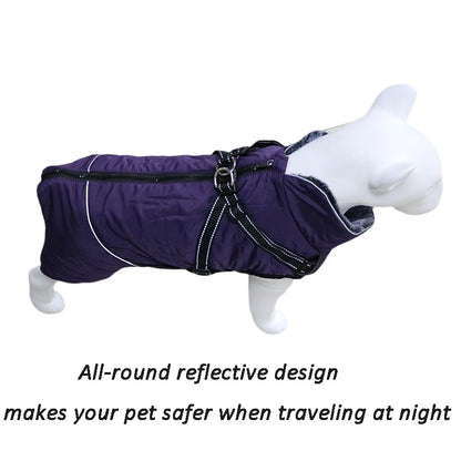 Waterproof Dog Clothes with Harness for Medium Large Dog Winter Warm Fur Collar Pet Dog Jacket Reflective French Bulldog Costume