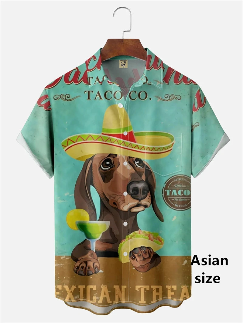 the HOT DOG DACHSHUND - Funny Cartoon Hot Dog Dachshund Graphic Shirts, Men/Women 3D Printed Casual Vacation Hawaiian Short Sleeve Shirts, Button Blouse