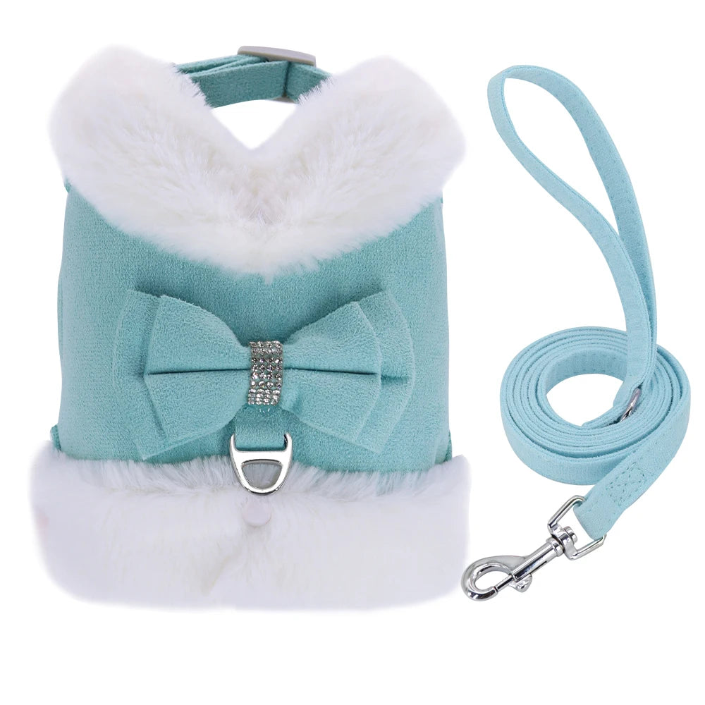 the SPARKLEPAW DIAMOND HARNESS - Warm Winter Dog Harness and Leash Set, Cute Bowknot Pet Fur Vest, Pets/Puppy Clothes Vest, Small Dog Clothing, French Bulldog
