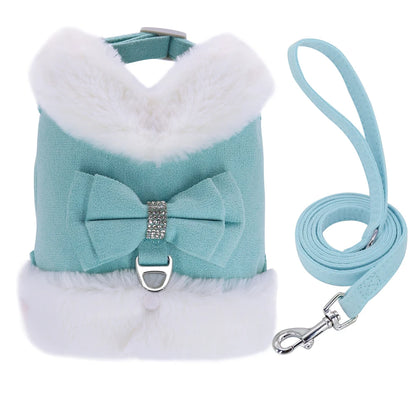 the SPARKLEPAW DIAMOND HARNESS - Warm Winter Dog Harness and Leash Set, Cute Bowknot Pet Fur Vest, Pets/Puppy Clothes Vest, Small Dog Clothing, French Bulldog