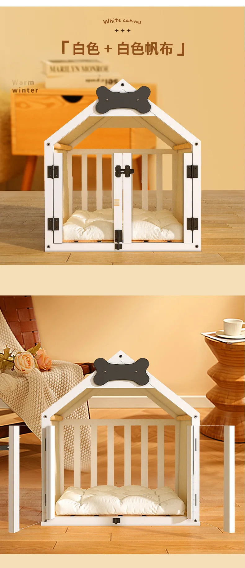 the DOG BONE DOGHOUSE - Solid Wood Doghouse, Large Space Double Doors Indoor Breathable Small Dog Washable Cat's Nest Doghouse, Waterproof Pet Bed